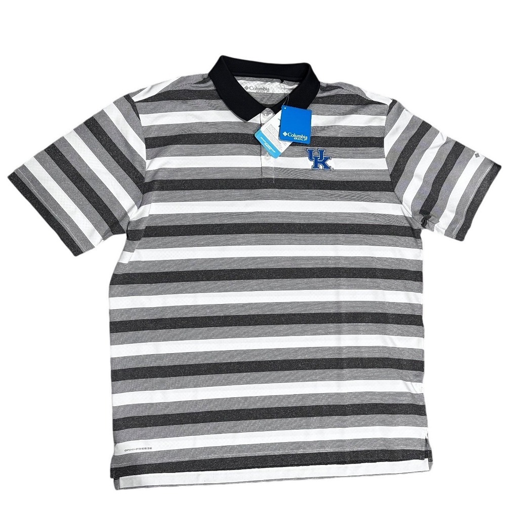 Columbia Golf Polo Shirt Mens Gray White Stripe Kentucky Wildcats UK Logo NWT XL
